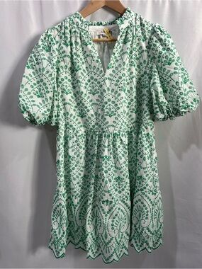 Avara Green Embroidered White Puff Sleeve Boho Tiered Dress LN